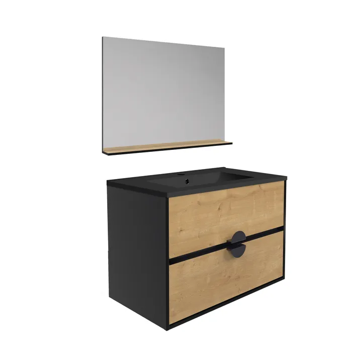  Set 80 cm met spiegel en matzwarte porseleinen wasbak