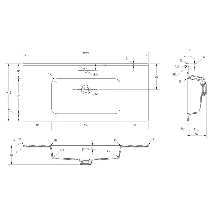  Plan de toilette 101 cm simple vasque centrée