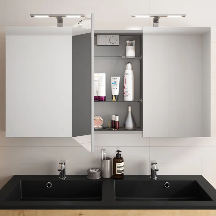 Armoire De Toilette Double Porte Avec Miroir MOB-IN 60cm - Rangement Salle De Bain, Bois FSC, Blanc