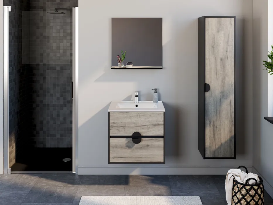  Set 60 cm with mirror and glossy white ceramic washbasin
