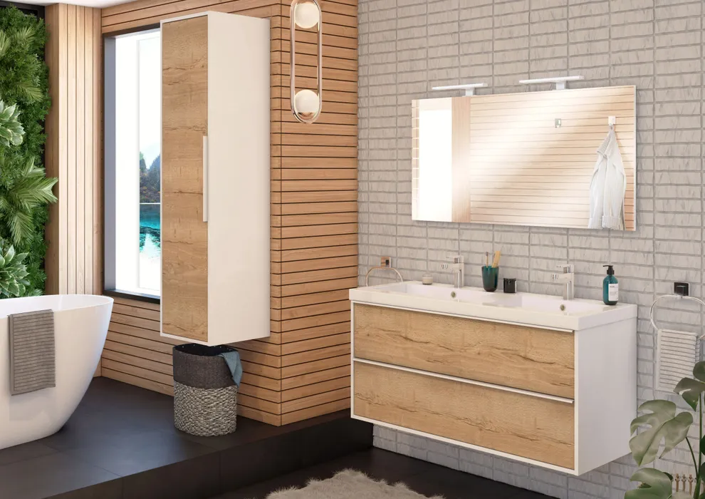  Meuble sous-vasque 120 cm avec poignées blanches - double passage siphon