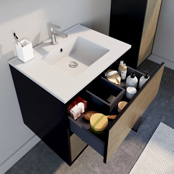  Set 60 cm with mirror and glossy white ceramic washbasin