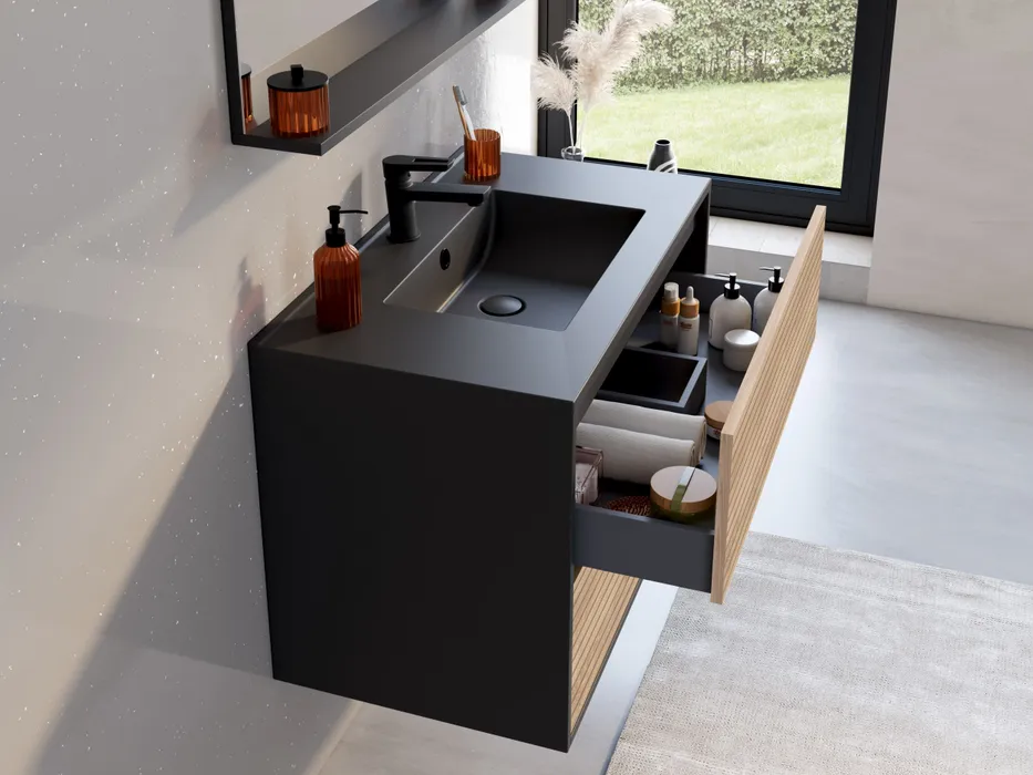  Set 80 cm with mirror and matt black ceramic washbasin
