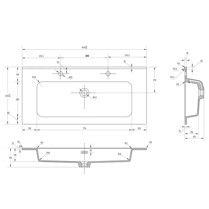  Plan de toilette 101 cm simple vasque pour 2 robinets