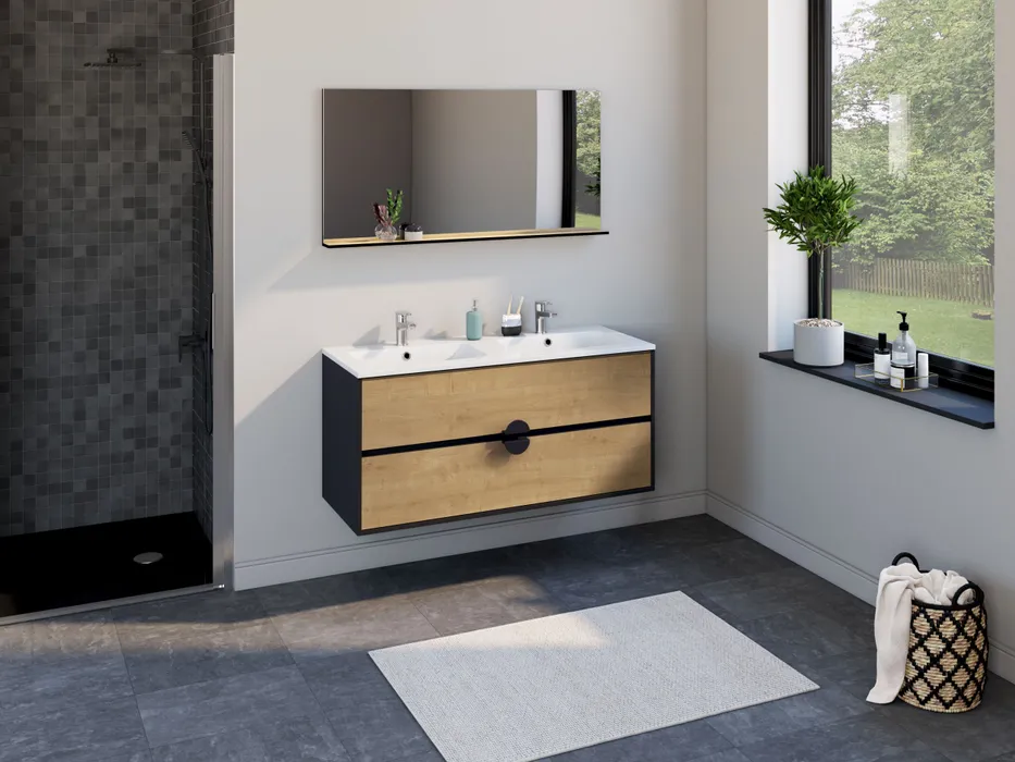  Ensemble 120 cm + Miroir + Plan céramique blanc brillant
