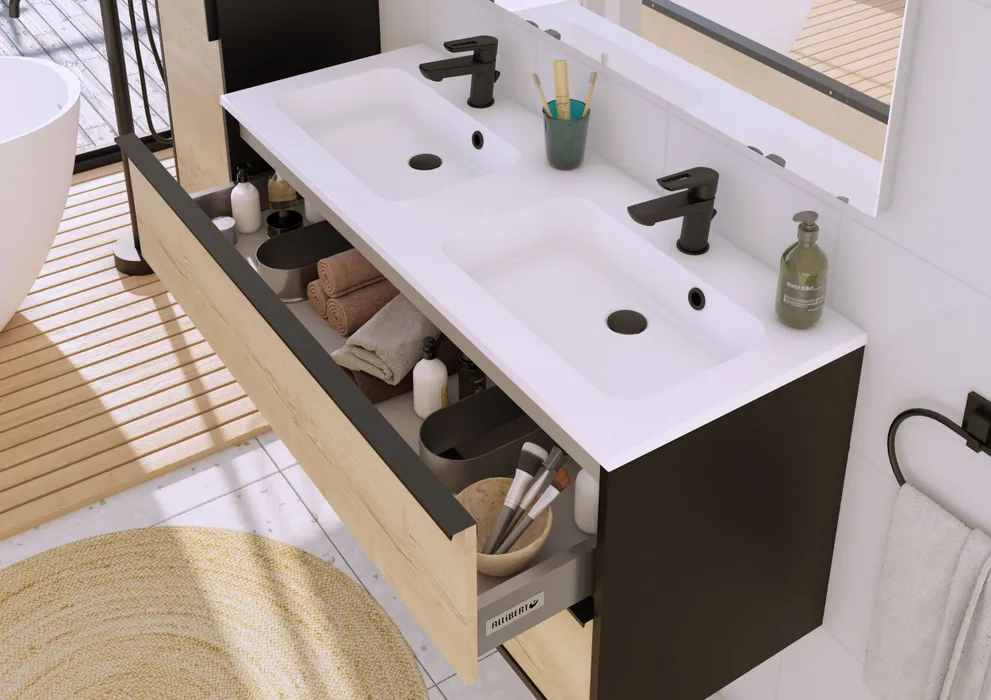  Vanity unit 120 cm with black handles - double space for siphon installation
