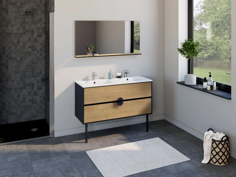  Ensemble 120 cm + Miroir + Plan céramique blanc brillant