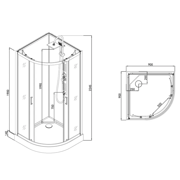  Cabine de douche Quart de rond