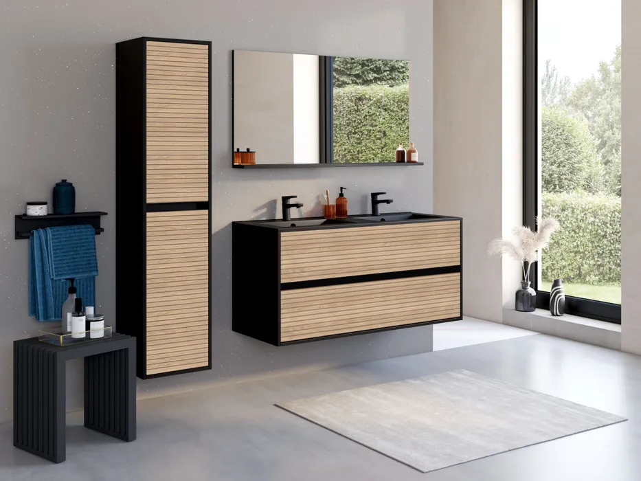  Ensemble 120 cm avec miroir et plan céramique noir mat