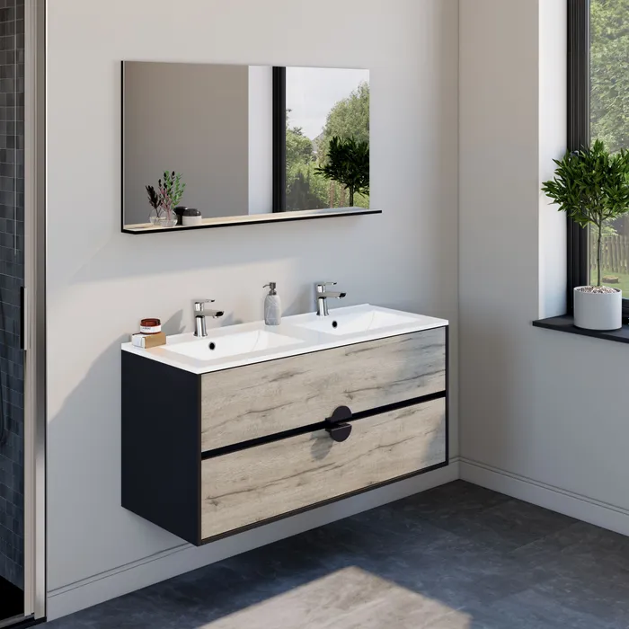  Ensemble 120 cm + Miroir + Plan céramique blanc brillant