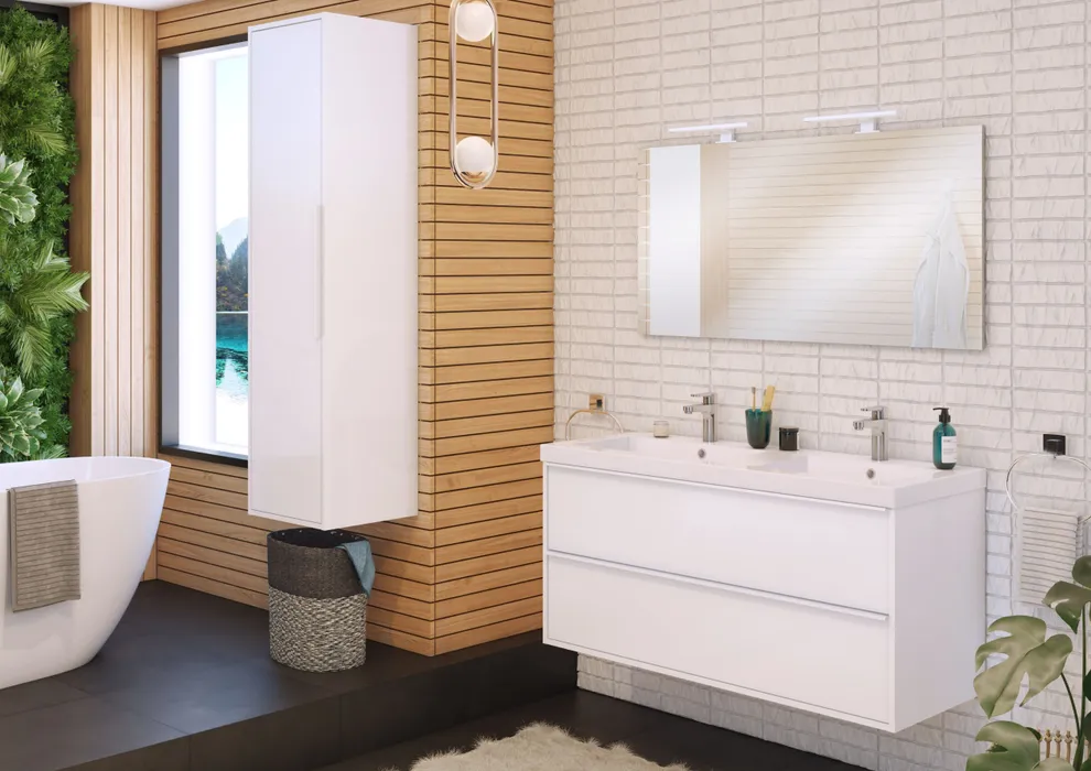  Meuble sous-vasque 120 cm avec poignées blanches - double passage siphon