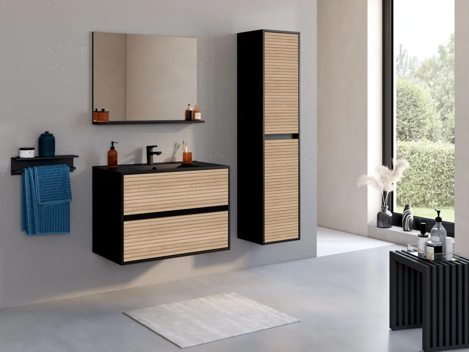  Set 80 cm with mirror and matt black ceramic washbasin