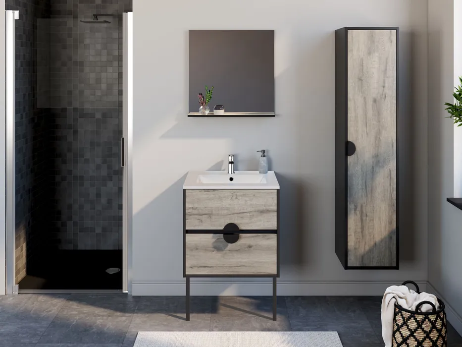  Set 60 cm with mirror and glossy white ceramic washbasin