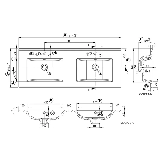  Washbasin 121 cm double basin