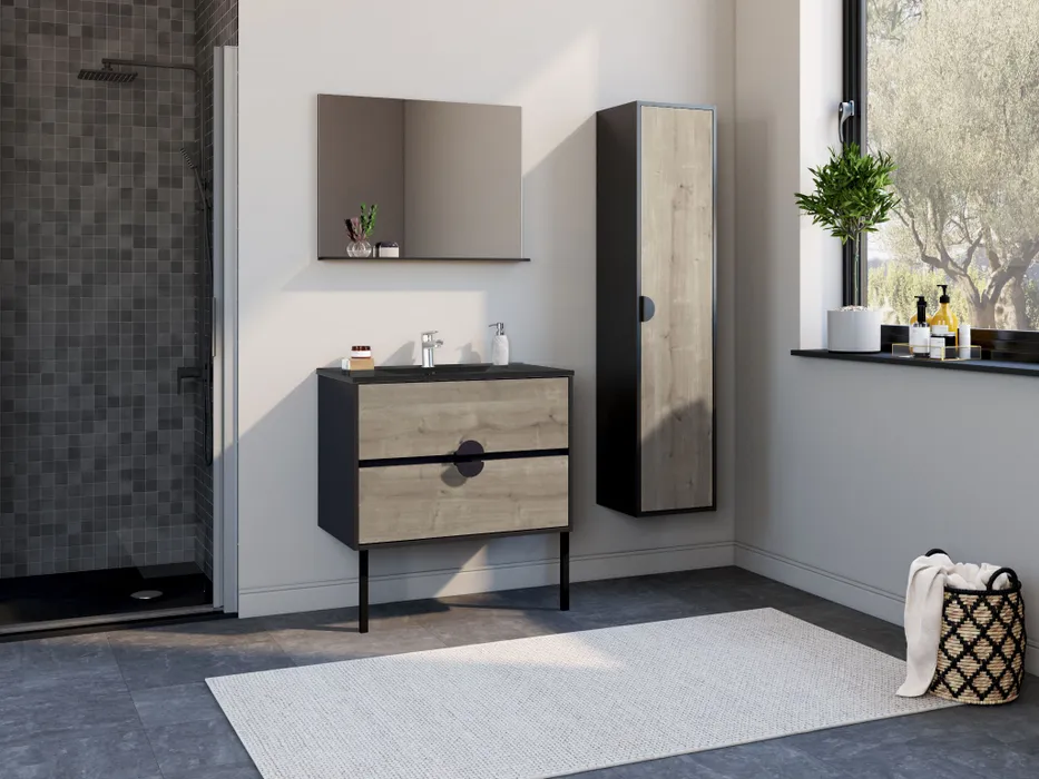  Set 80 cm met spiegel en matzwarte porseleinen wasbak